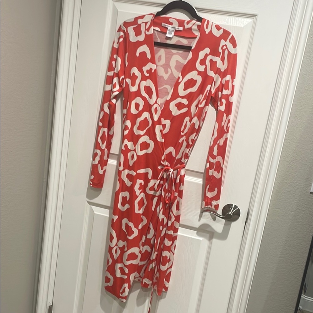 Diane Von Furstenberg Orange Long Sleeve Plunge Neck Wrap Dress